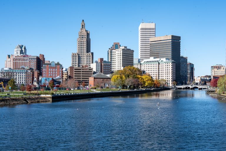 Captivating view of Providence's modern skyline and river in autumn.
