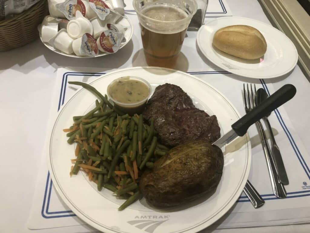 Amtrak Signature Steak dinner served on the Silver Meteor