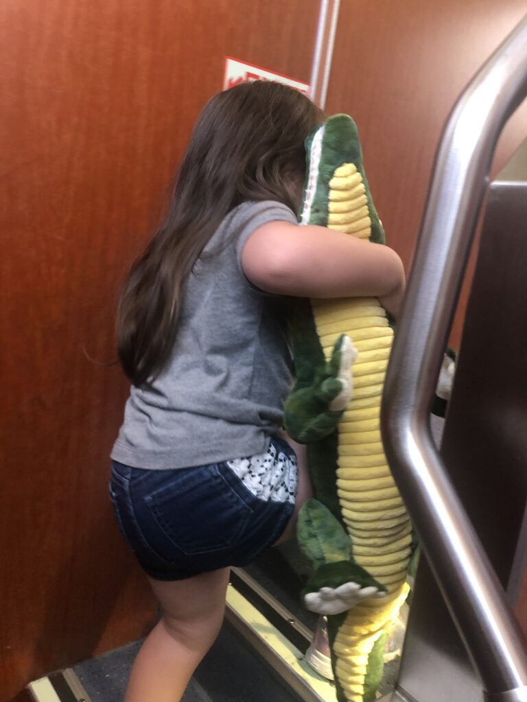 My niece, with her stuffed alligator, walking up the stairs of Amtrak's California Zephyr 
