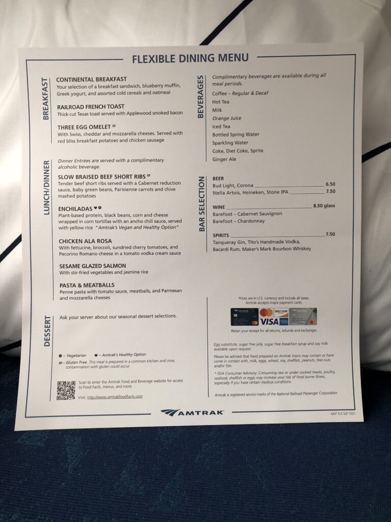 Amtrak Flex dining menu 
