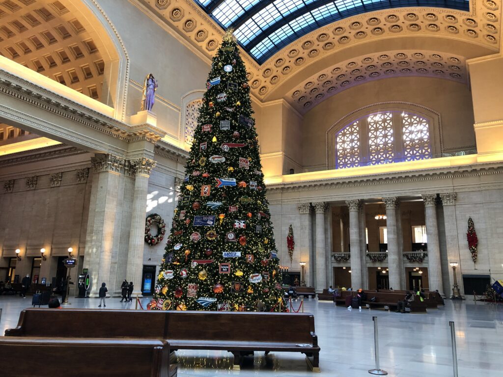 During Amtrak Holiday travel in Chicago, you may see Amtrak's giant tree. 