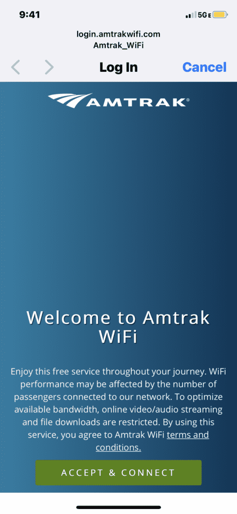 Amtrak wi-fi terms and agreement page