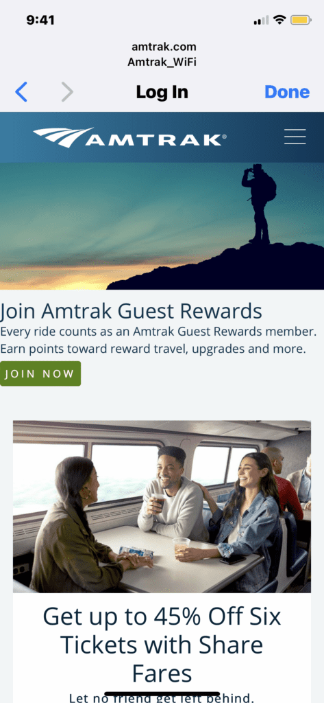 Amtrak Wi-Fi home page