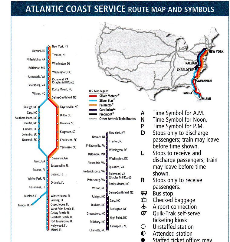 East Coast Amtrak map and symbols