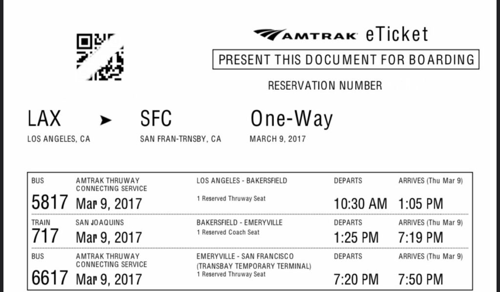 A ticket showing Amtrak connecting service