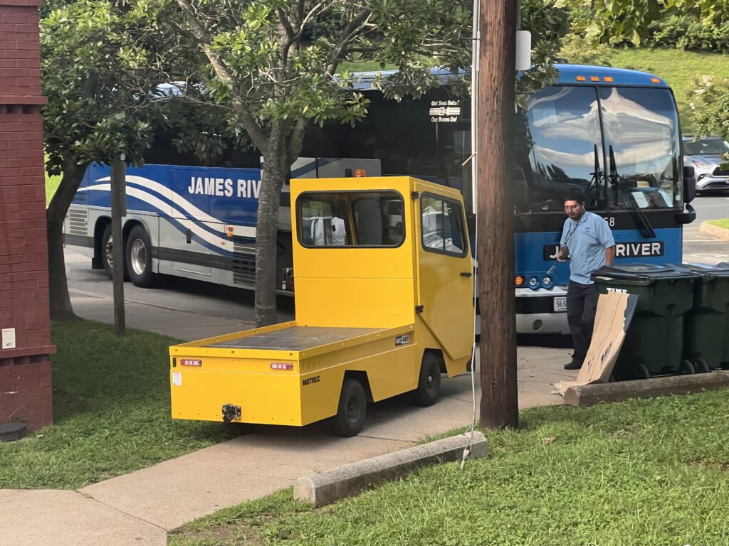 The Cardinal's bus transfer in Charlottesville, VA (CVS). The cart helps to move luggage from the train to the bus.