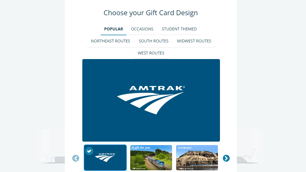 Amtrak E-gift card page.