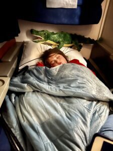 Mackenzie sleeping in an Amtrak Superliner roomette.
