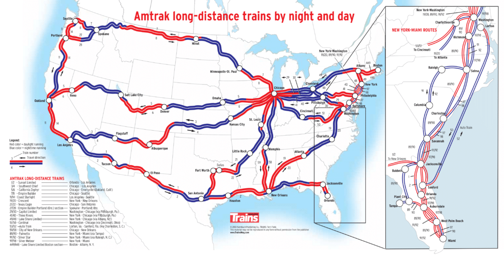 Amtrak long-distance train night and day map.