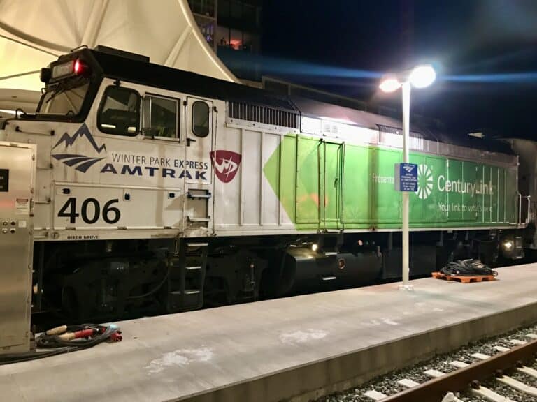 Amtrak Winter Park Express locomotive waiting in Denver