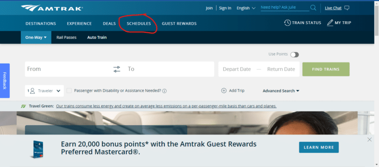 Amtrak home page with the schedule button highlighted