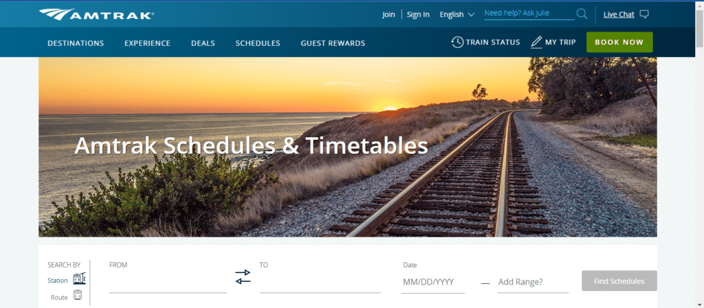 Amtrak schedules page