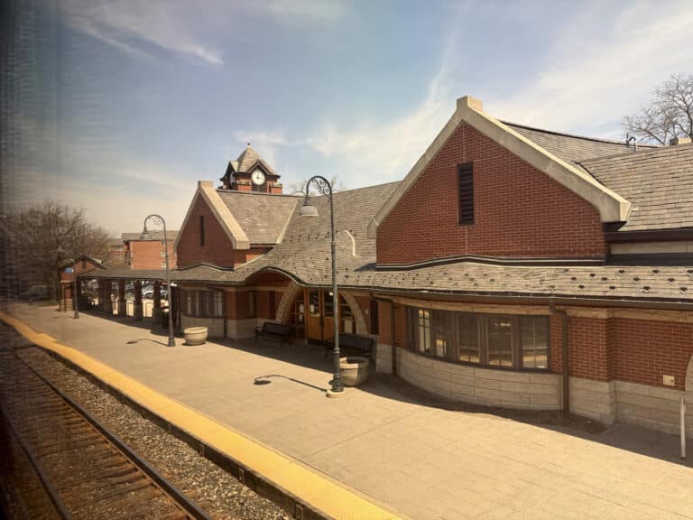 Looking at the Glenview Depot from a train.