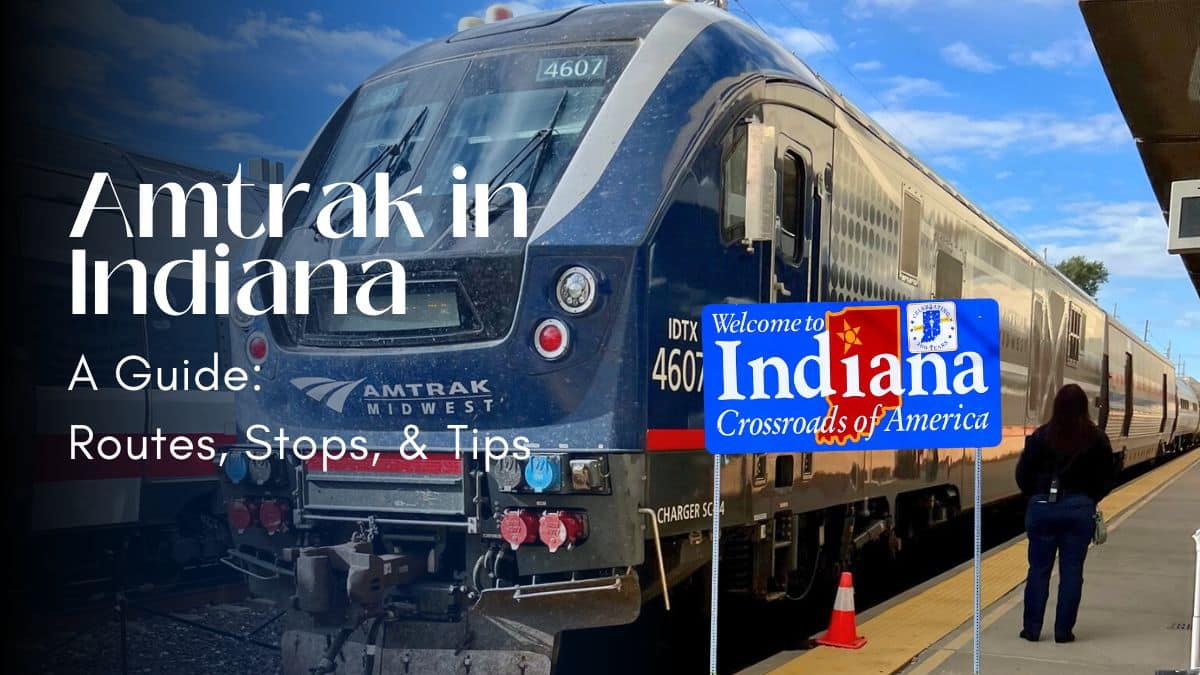 Amtrak in Indiana title card with a Midwest Reginal locomotive and a welcome to Indiana sign.